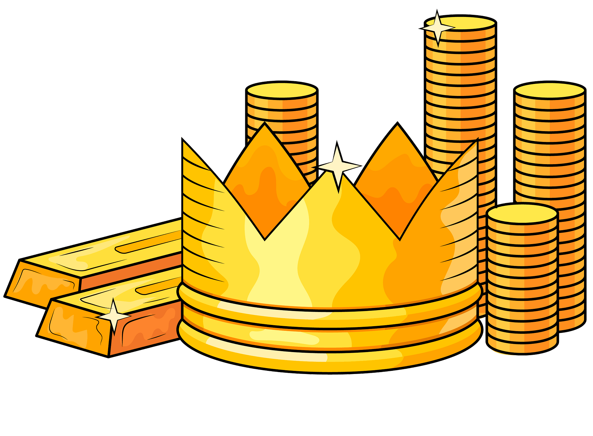 Clipart featuring a gold crown, gold coins, and gold bars all together.