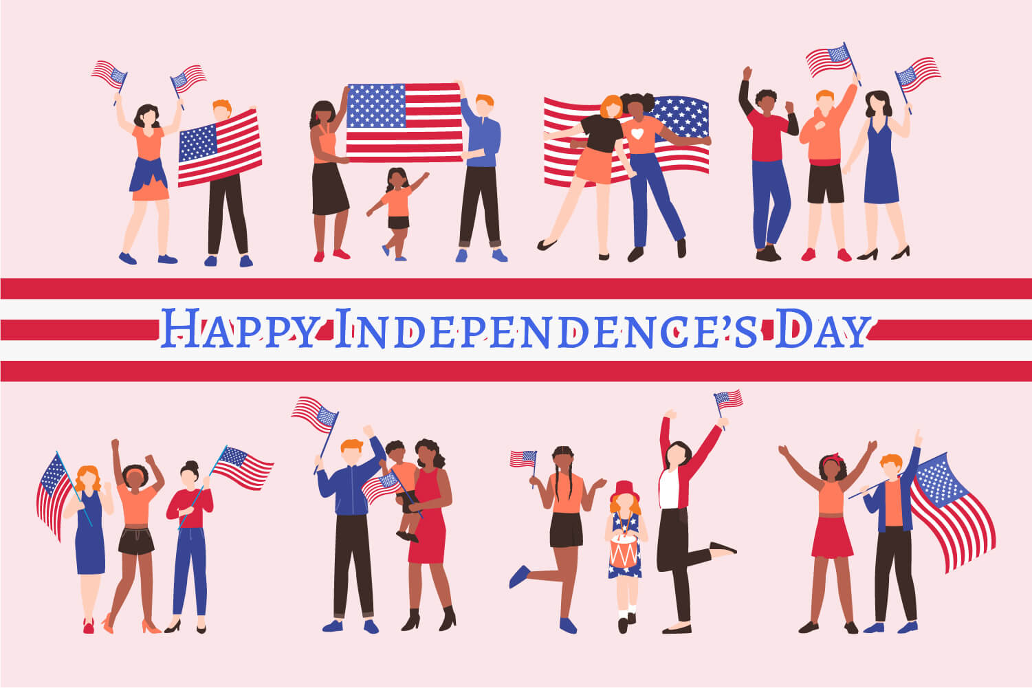 Clipart of Independence Day celebration symbolizing American flags and American youth.