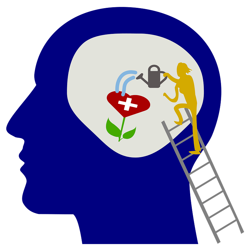 A clipart depicting a person climbing stairs within the human brain, representing mental health work.
