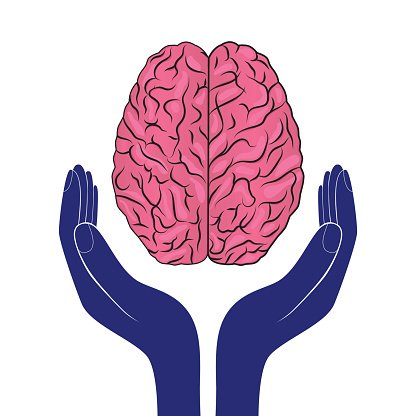 A clipart symbolizing mental health, depicting hands cupping the brain in a caring manner.