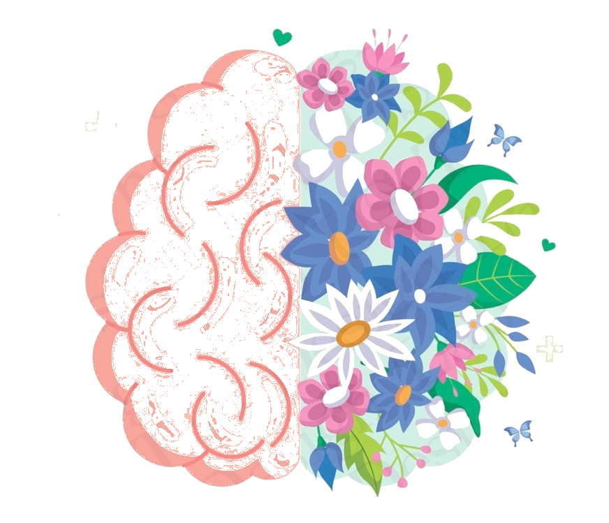 A lovely PNG clipart representing mental health, featuring a brain icon on one side and flowers on the other side.