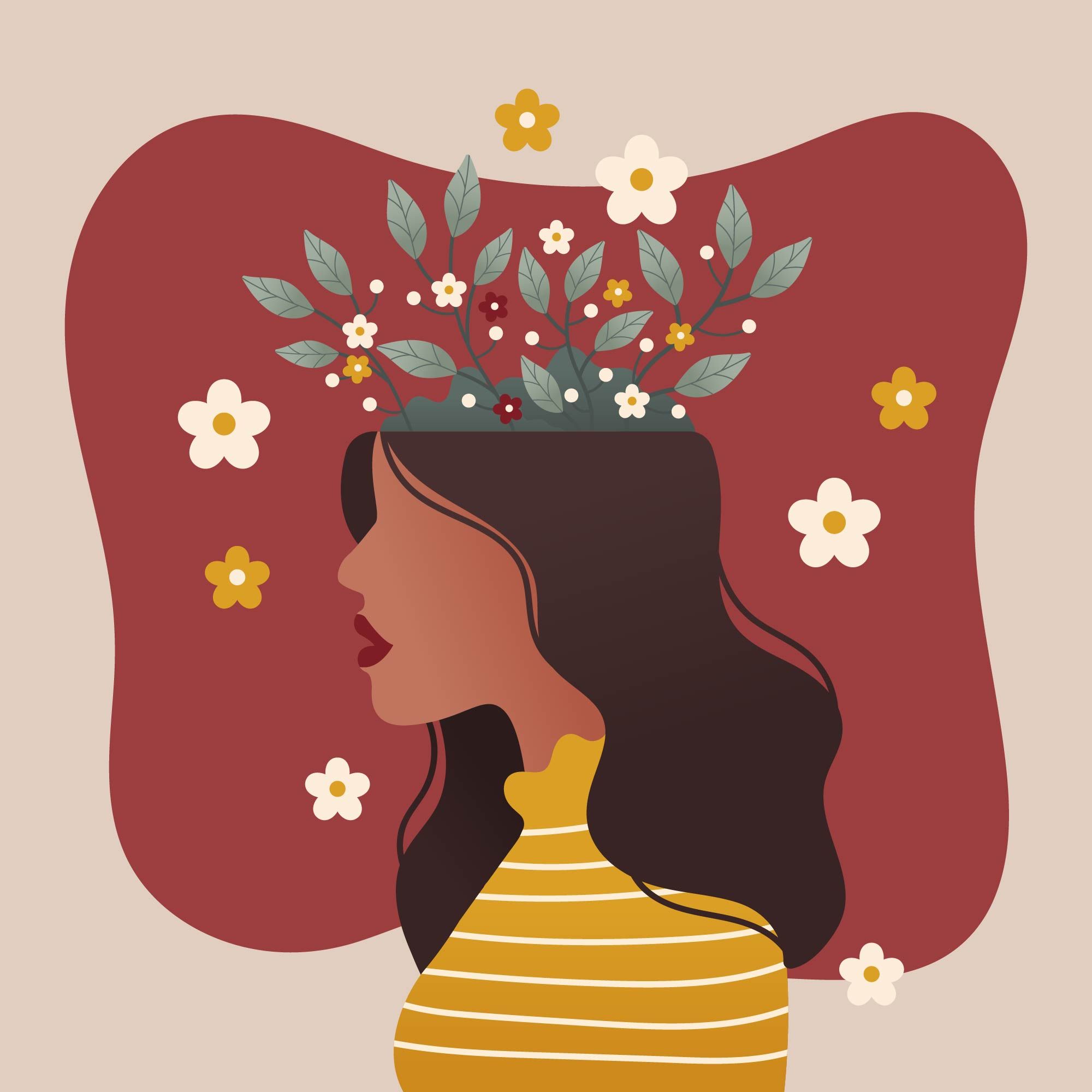 A wonderful clipart representing mental health, where flowers bloom in the head.