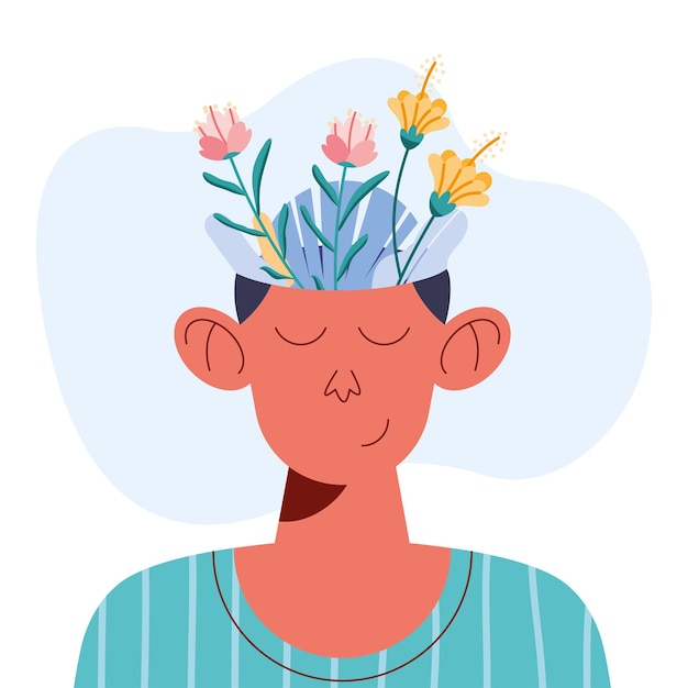 A clipart representing mental health, depicting flowers blooming in the brain.