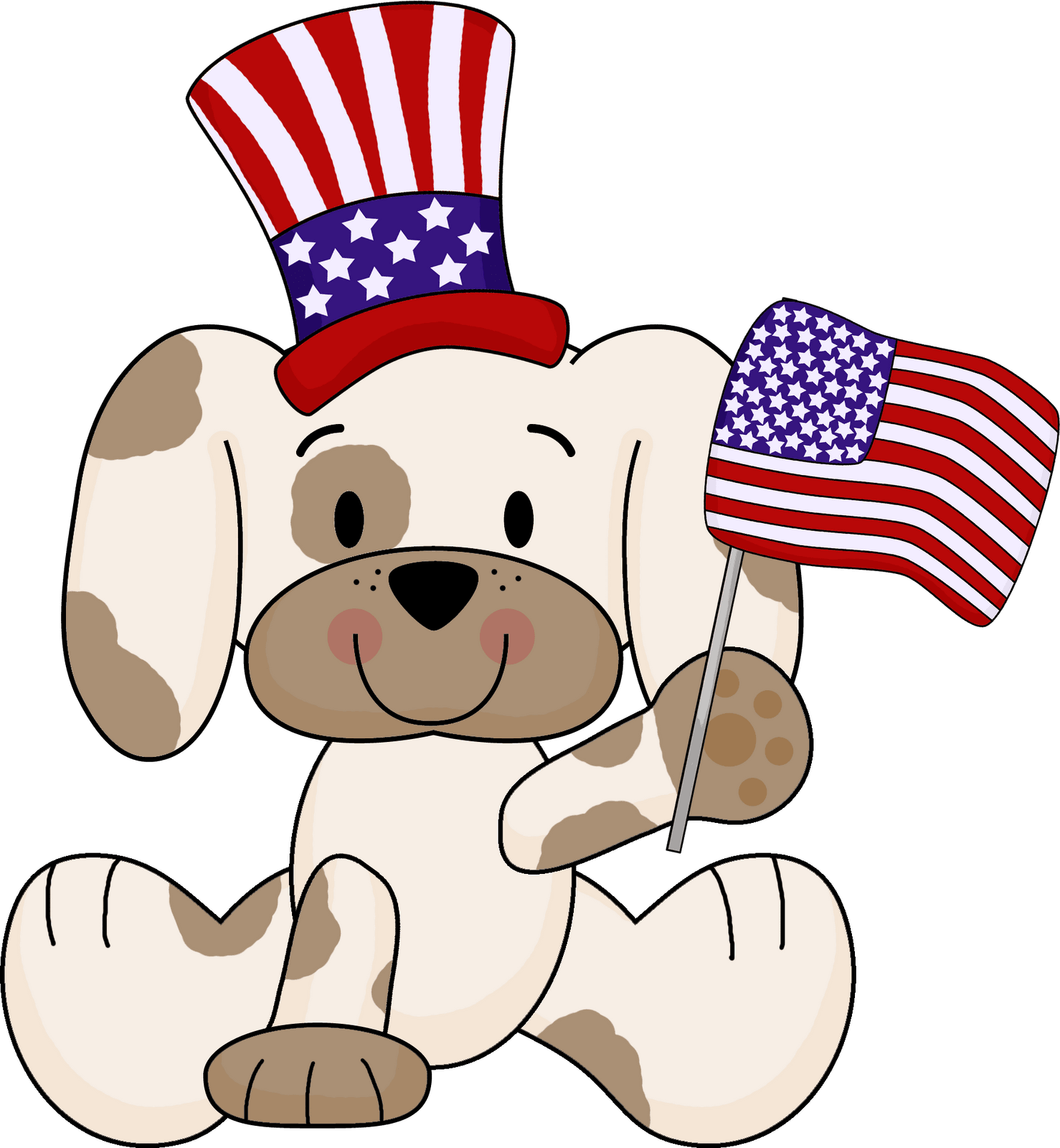 A cute puppy holding an American flag in its hand.