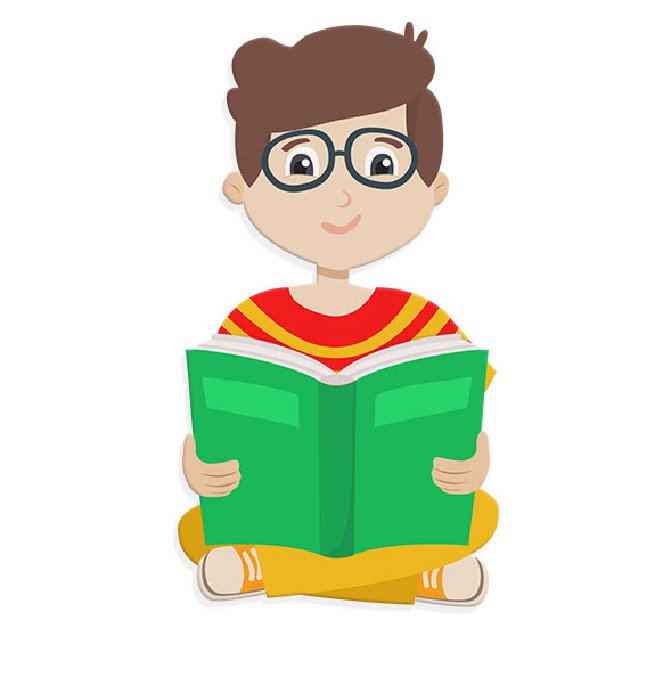 The smart bespectacled boy is examining his green colored book
