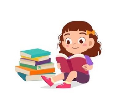 The cute girl is sitting with her books and reading her new book.
