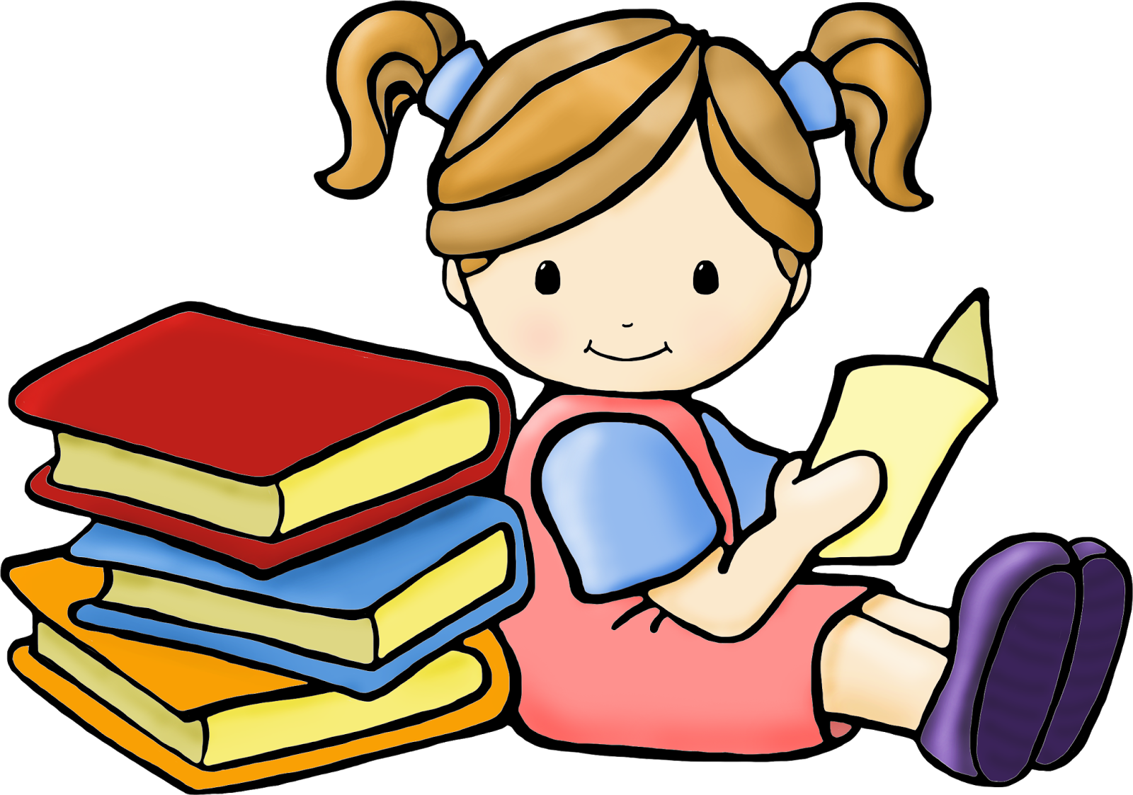The cute girl is sitting together with her orange, red and blue colored books.
