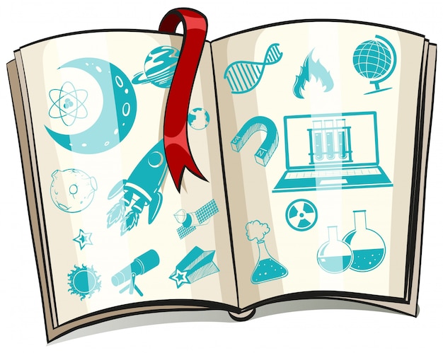 The blue Science textbook found open with a red ribbon on it and containing scientific symbols inside.