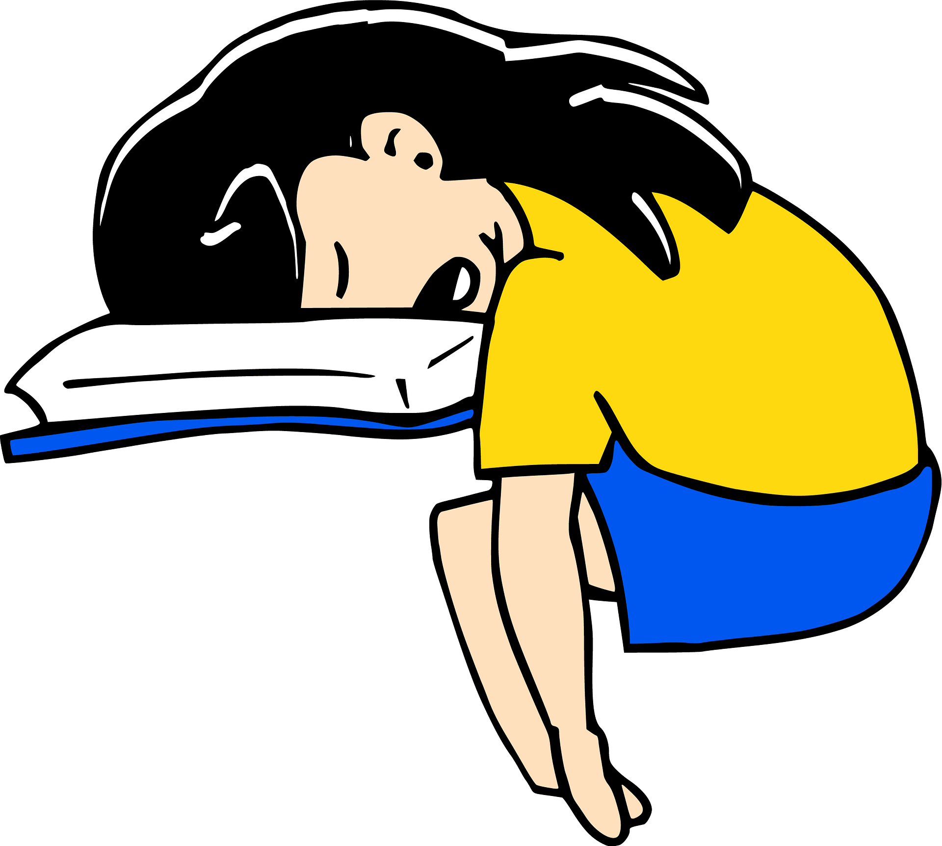 A student wearing a yellow t-shirt and blue shorts, falling asleep while looking at their book.