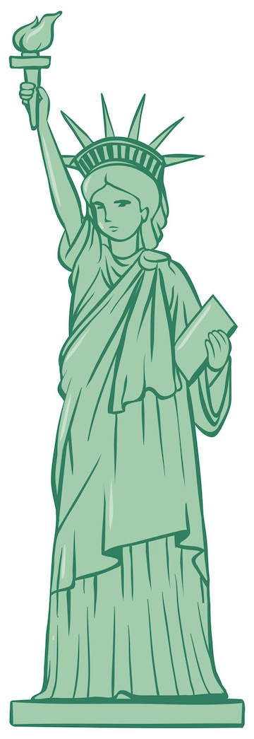  of a young girl-shaped Statue of Liberty in green color. Cliparts printable PDF