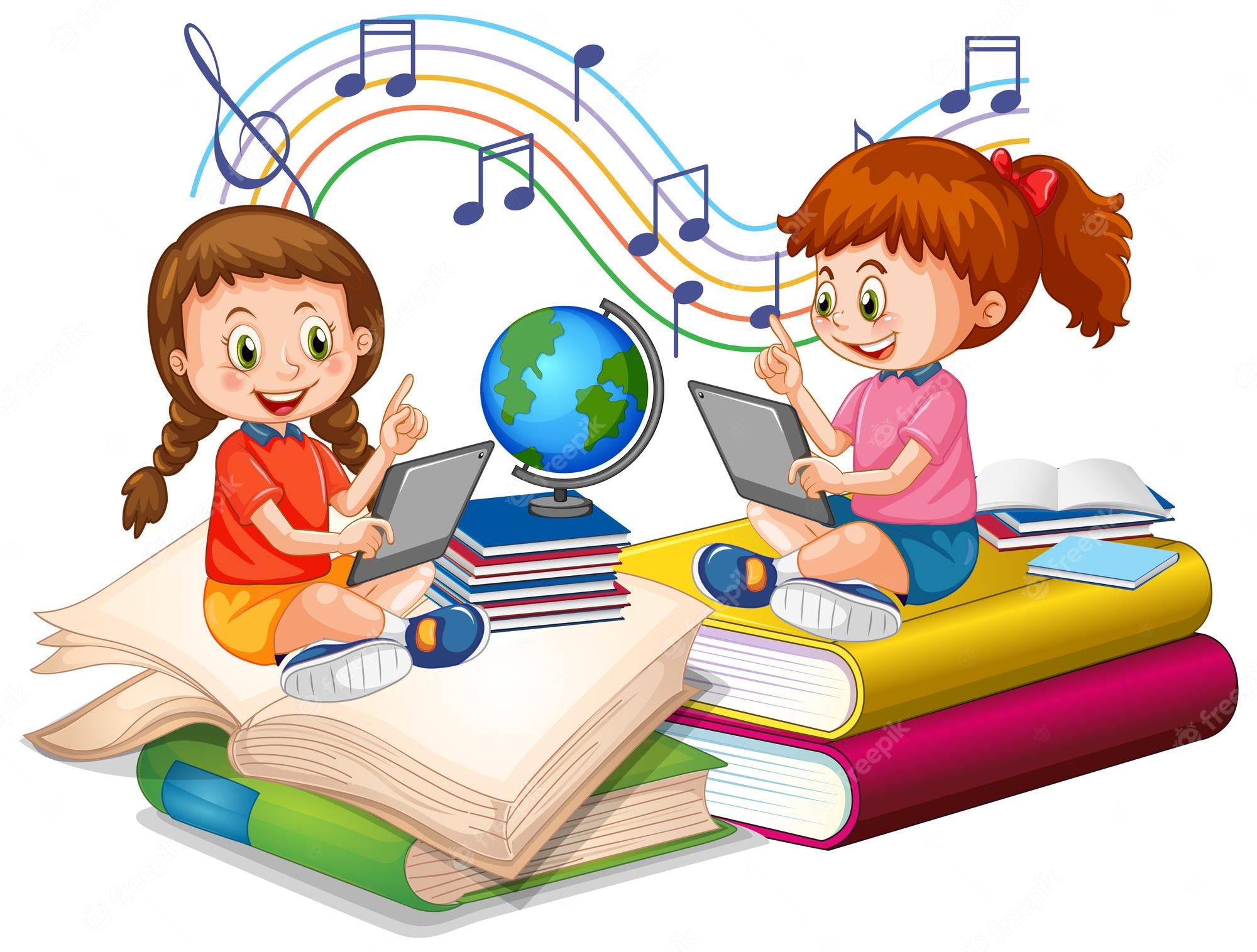 2 girls are studying with music. Cliparts printable PDF