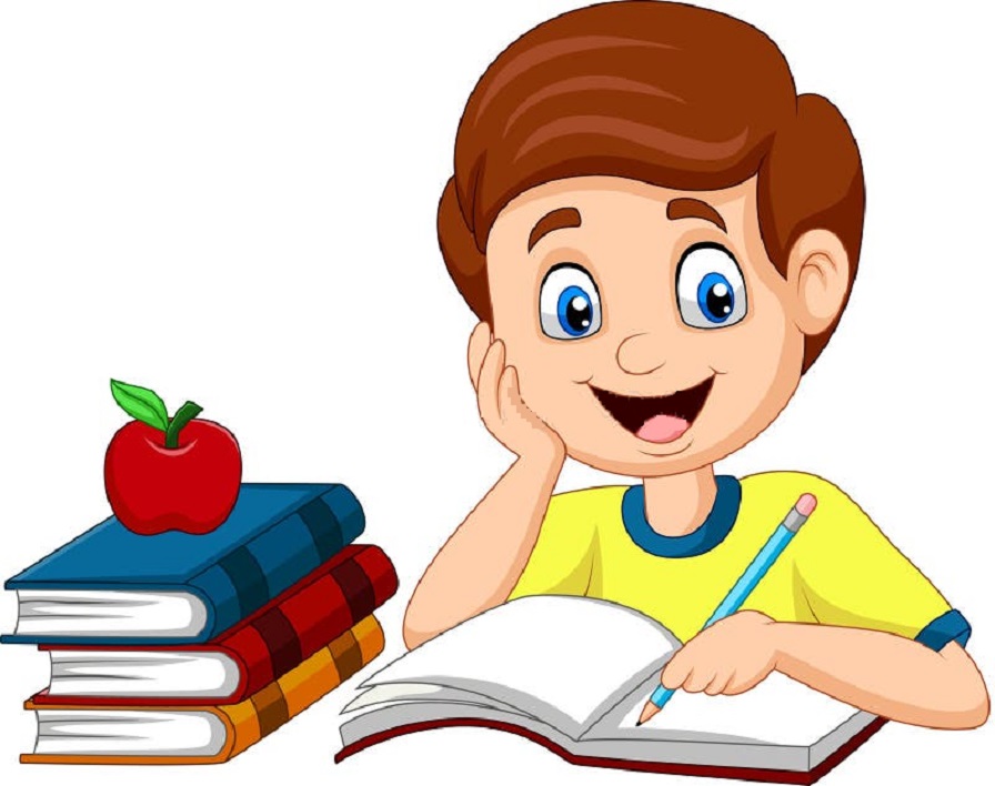 The little boy is studying from his books while eating his candy. Cliparts printable PDF