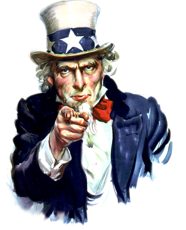 Uncle Sam with a star-spangled hat, pointing with his finger. Cliparts printable PDF