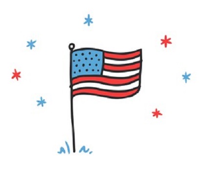 Cartoon-style clipart of the American flag depicted hanging with red and blue stars around it.