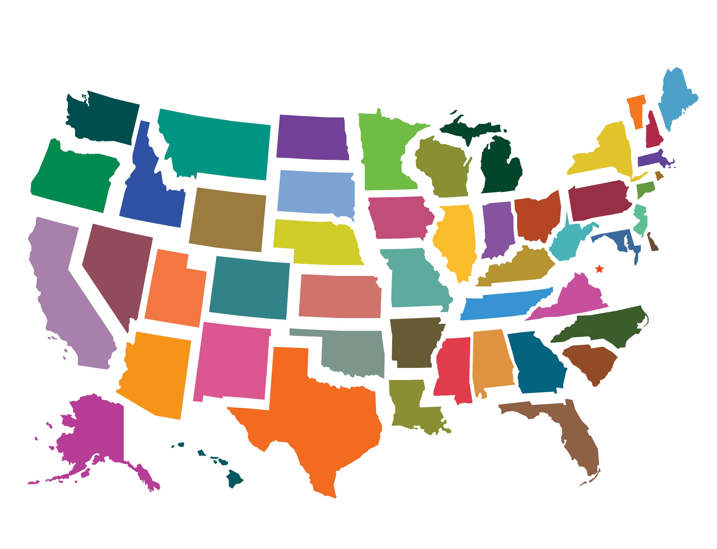 USA map clipart with states color-coded.