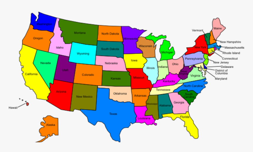 USA map clipart with each state name written inside colored boxes.